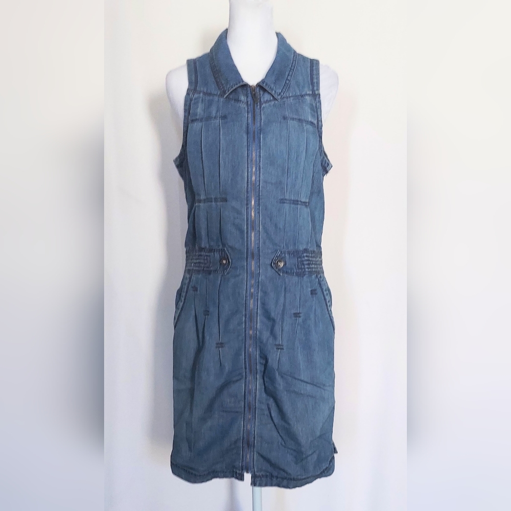 DKNY Jeans Denim Mini Jumper Zip Front Pleated Blue Dress Pockets Size Small